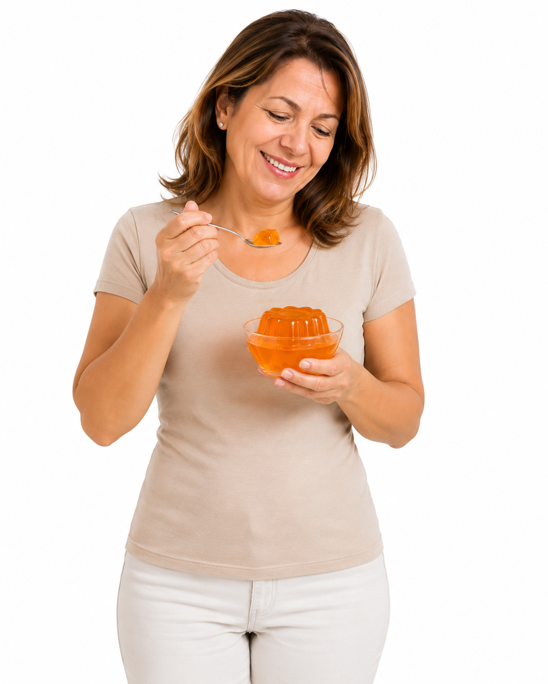 Mulher comendo gelatina bariátrica